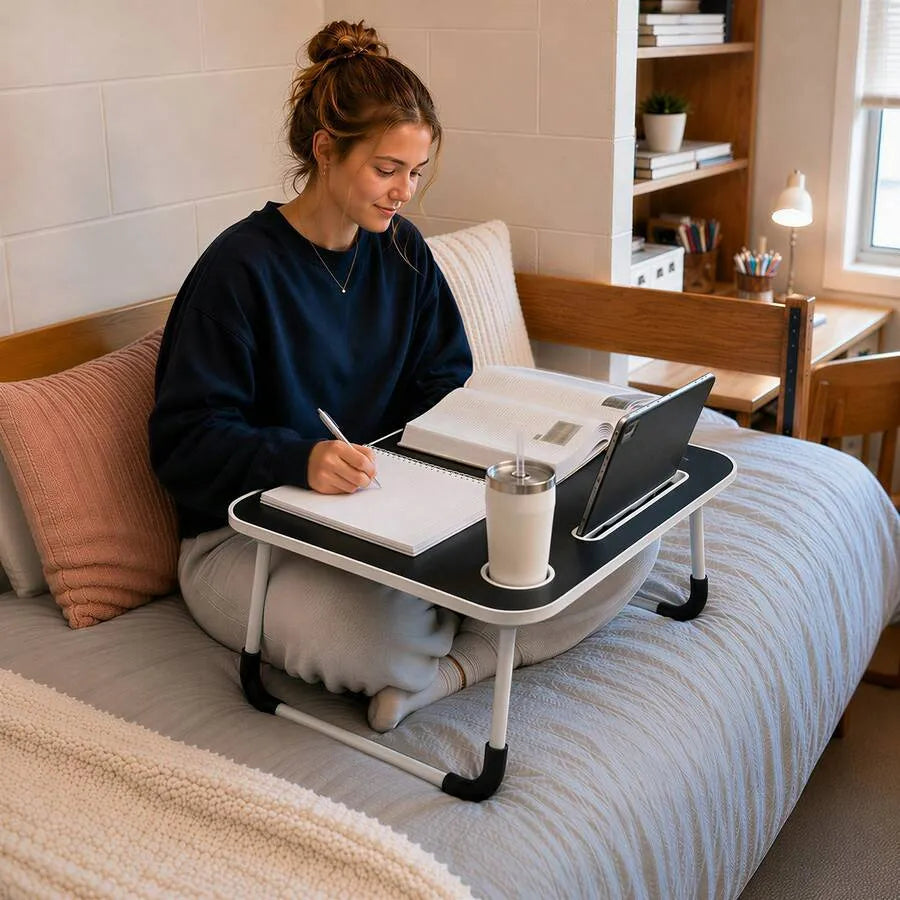 Multi‑Purpose Large Foldable Lap Desk, Portable Bed Tray Table Equipped With Cup Holder, Tablet Slot And Carry Handle, Lightweight Fold‑Up Lap Tray For Working, Studying, Eating, Reading On Bed, Sofa & Couch