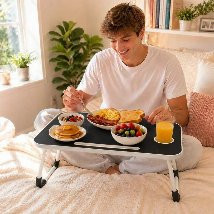 Multi‑Purpose Large Foldable Lap Desk, Portable Bed Tray Table Equipped With Cup Holder, Tablet Slot And Carry Handle, Lightweight Fold‑Up Lap Tray For Working, Studying, Eating, Reading On Bed, Sofa & Couch