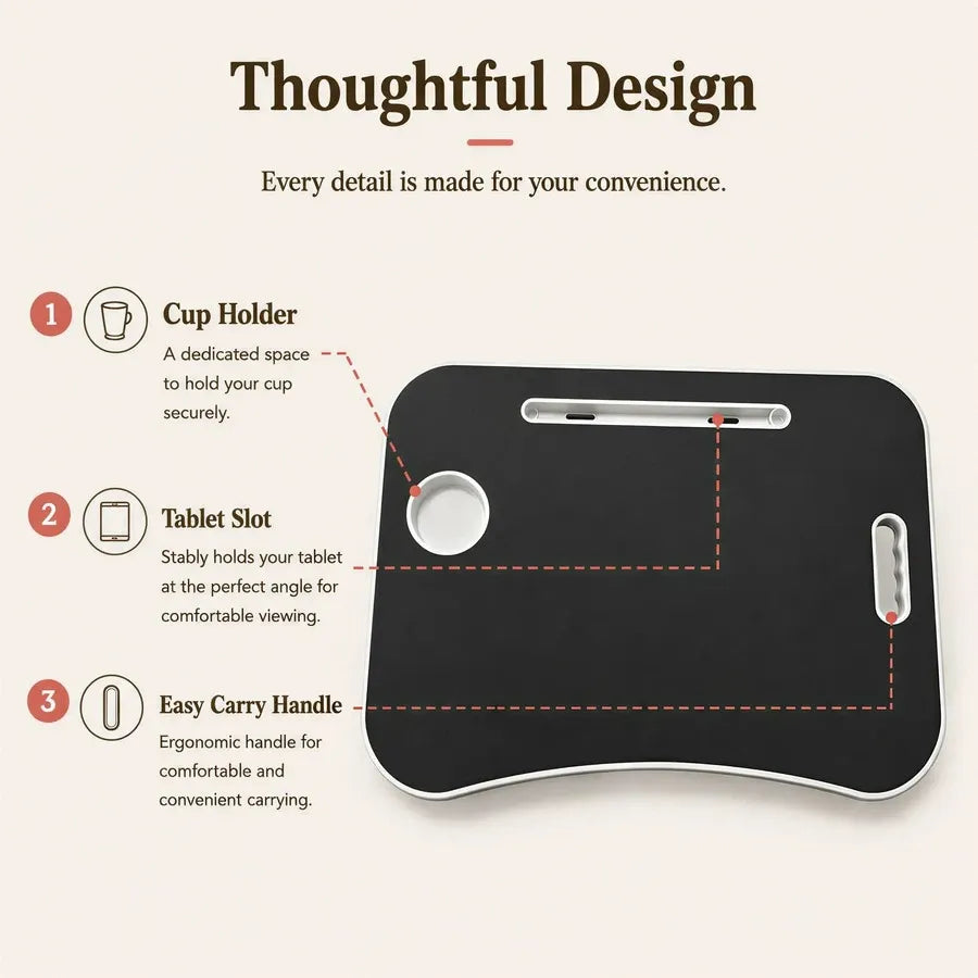 Multi‑Purpose Large Foldable Lap Desk, Portable Bed Tray Table Equipped With Cup Holder, Tablet Slot And Carry Handle, Lightweight Fold‑Up Lap Tray For Working, Studying, Eating, Reading On Bed, Sofa & Couch
